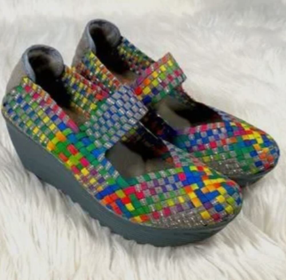 St John Bay Colorful Rainbow Festival Stretch Fabric Mary Jane Wedge Shoes 9